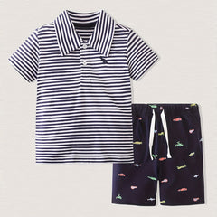 Cartoon Car Shorts & Striped T Shirt Set for Kids