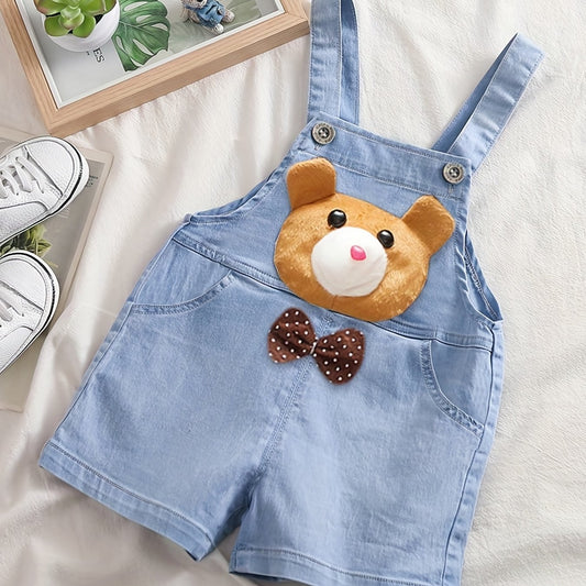 Bear Embroidered Suspender Shorts with Pockets for Kids