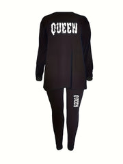 Women's Plus Size Letter Print Long Sleeve Top & Leggings Casual Outfit Set