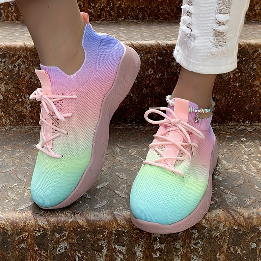 Women's Rainbow Sock Sneakers Knit Lace Up Low Top Running Shoes Lightweight