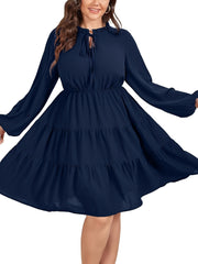  Casual Dress Women's Solid Long Sleeve Round Neck Smock Tie Dress