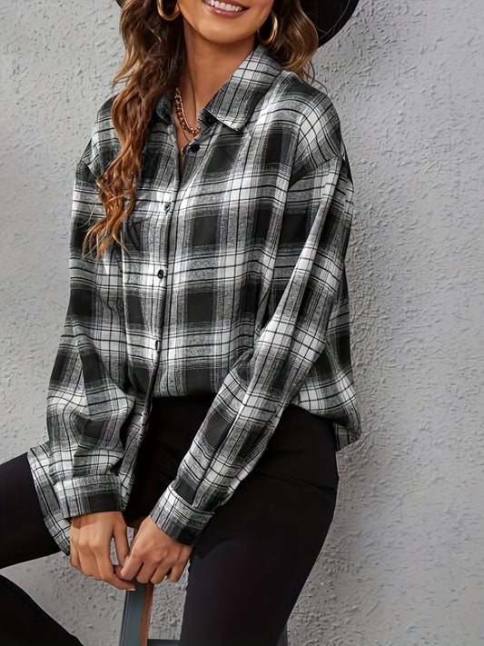  Plaid Button-Up Blouse