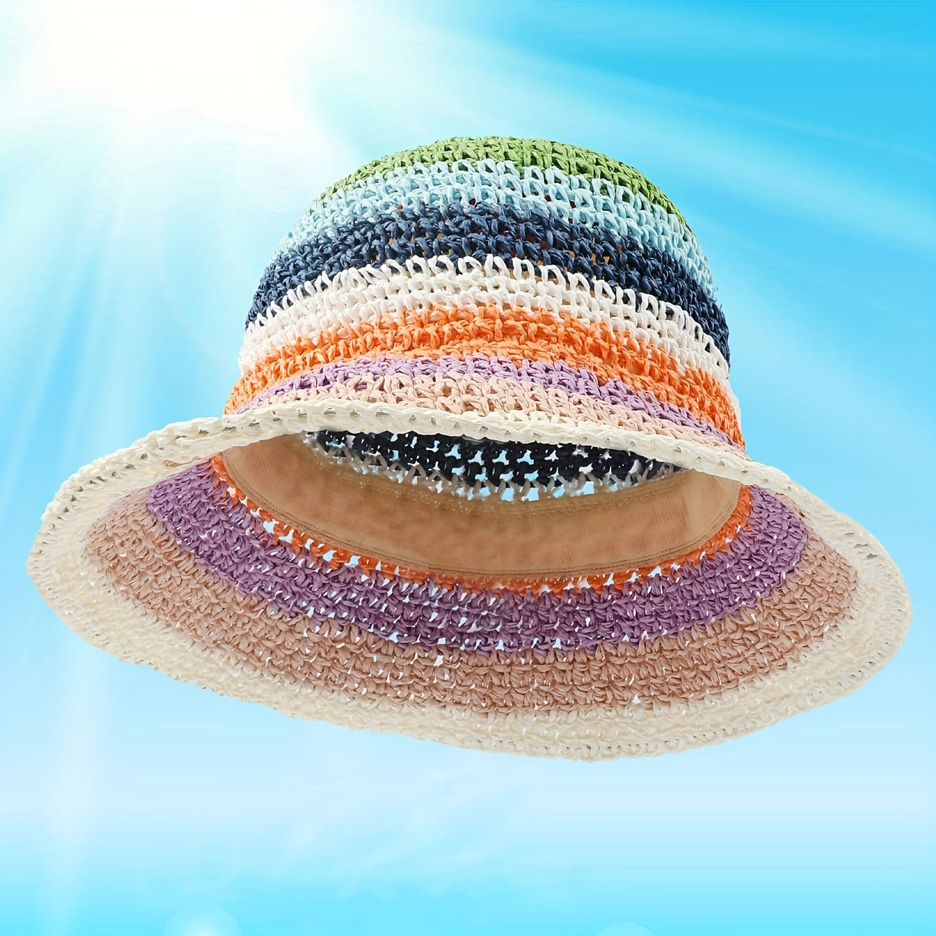 Rainbow Stripe Crochet Bucket Hat Breathable Foldable Straw Sun Hats