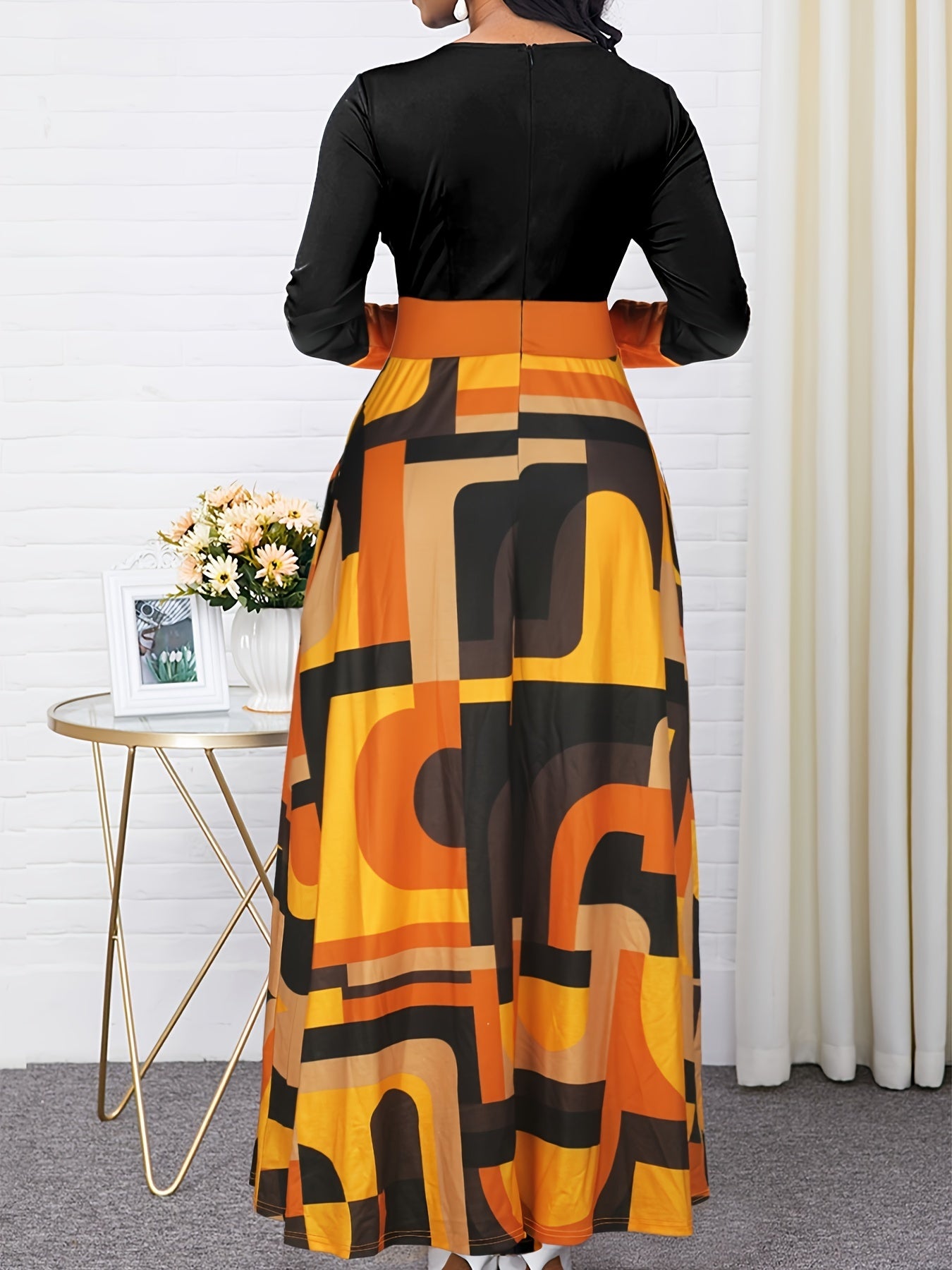  Colorblock Geometric Print Maxi Dress