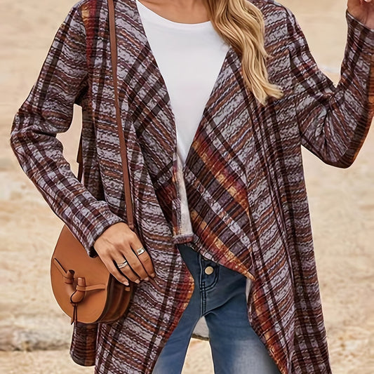  Plaid Print Long Sleeve Open Front Cardigan