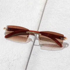 Men's Rimless Brown Tint Rectangular Vintage Wood Grain Sunglasses