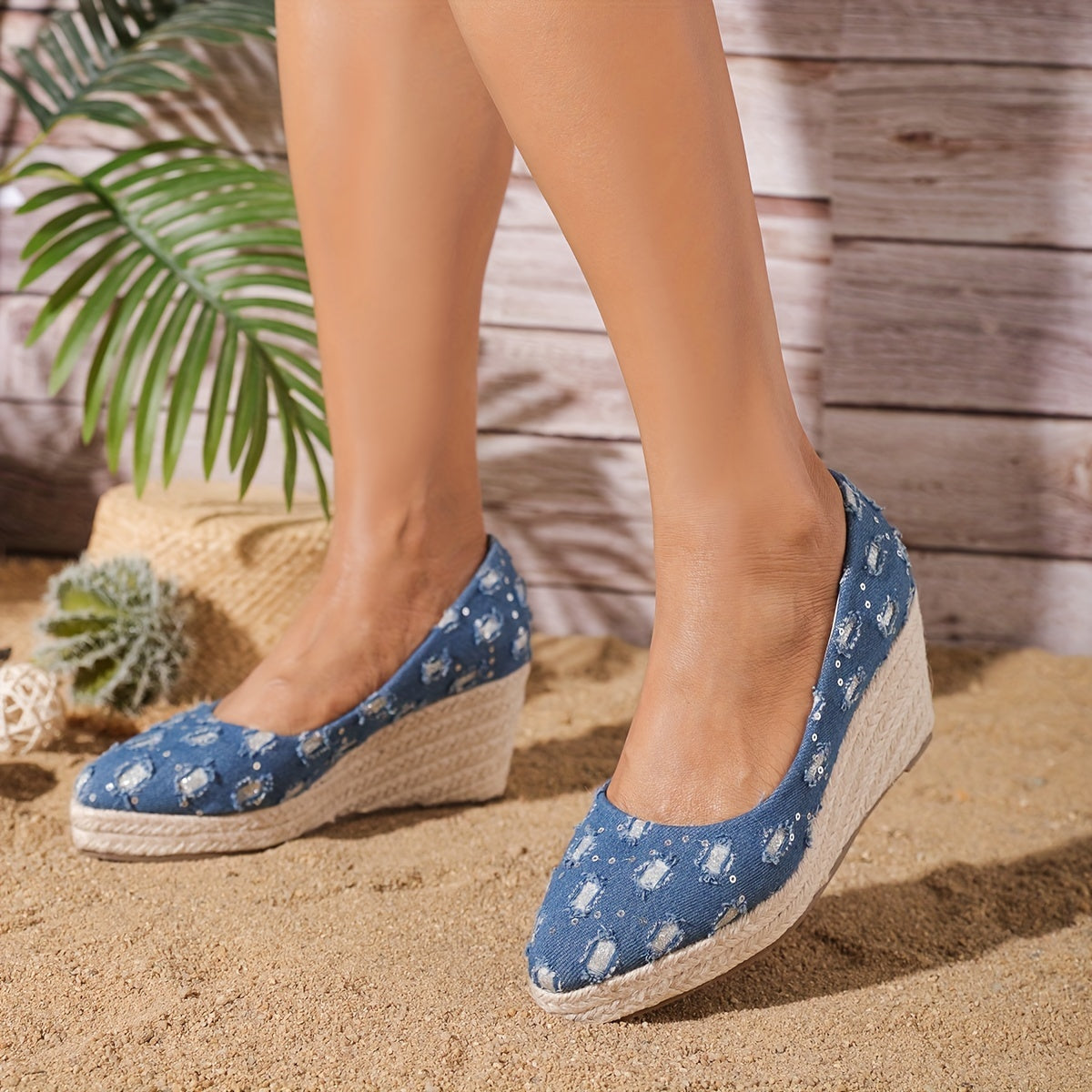 Women's Denim Wedge Heels Pointed Toe Espadrille Shoes