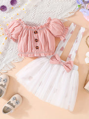 Baby Girls Off Shoulder Top Mesh Suspender Skirt
