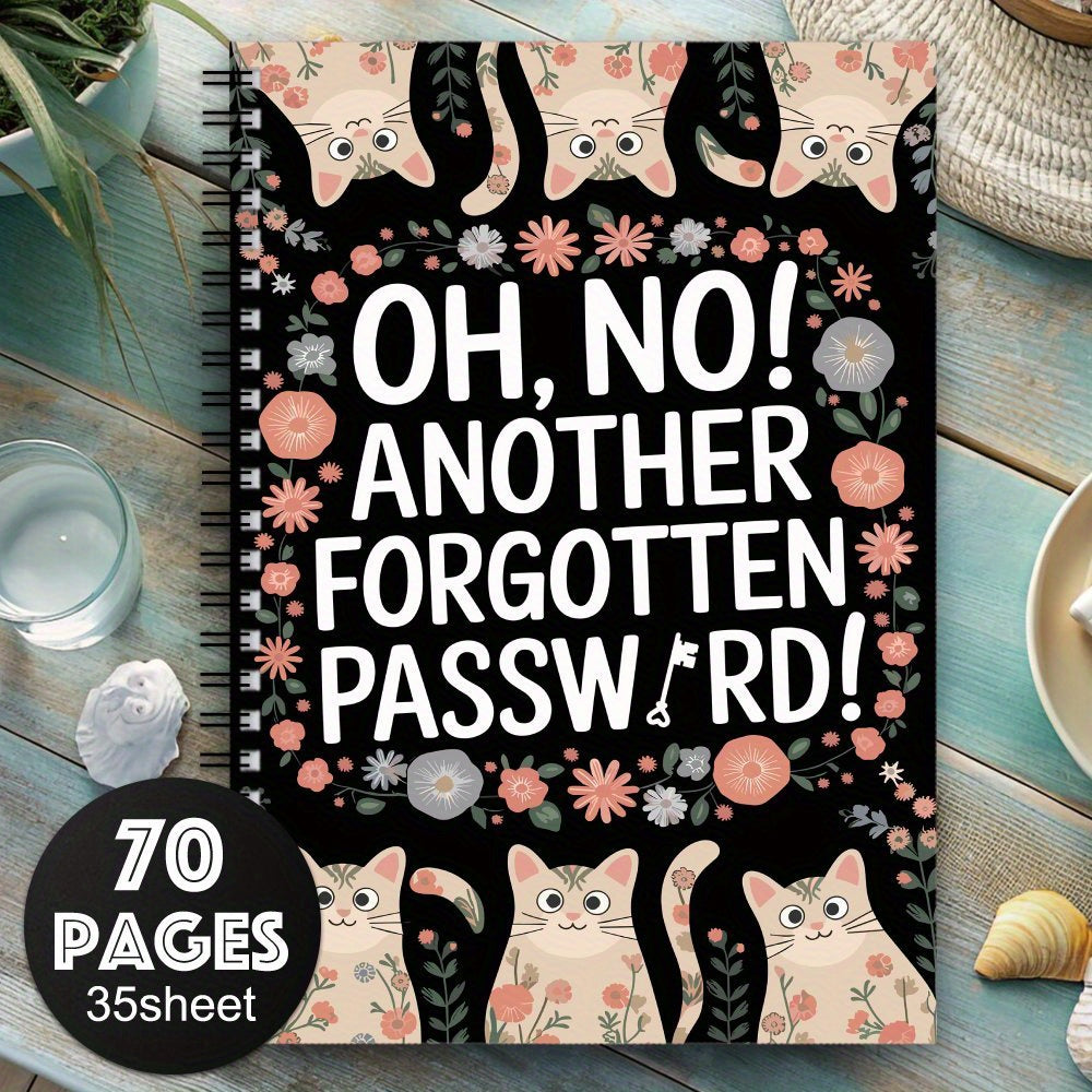 Cat & Floral Password Organizer Notebook 70 Pages Spiral Bound