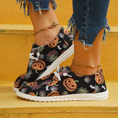 Ghost Face Pumpkin Print Sneakers Halloween Slip On Flats Canvas Shoes