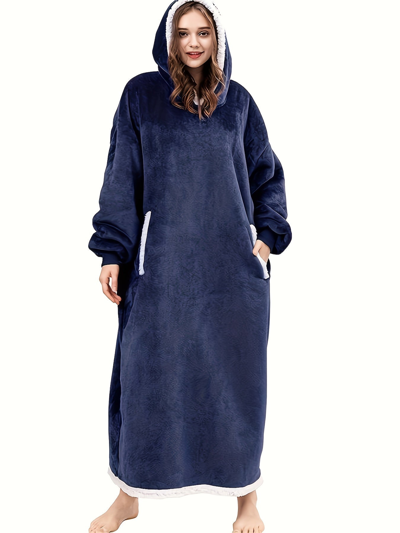 Women's Plus Size Sherpa Fleece Hooded Flannel Robe with Pockets