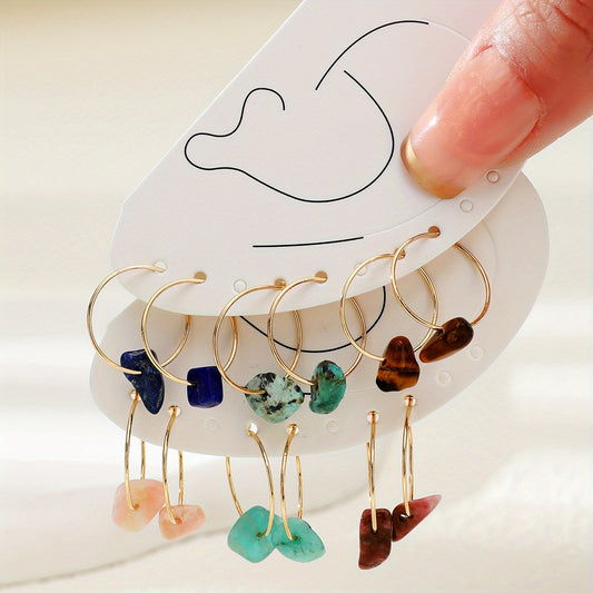 6 Pairs Natural Raw Stone Hoop Earrings for Women Girls