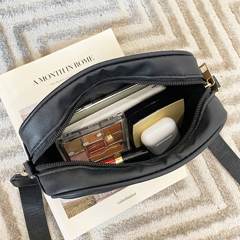 Quilted Square Crossbody Bag Metal Zipper Purse Faux Leather Shoulder Bag