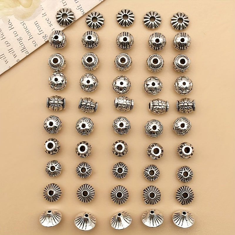 50pcs Antique Silvery Pattern Alloy Spacer Beads for DIY Jewelry Making