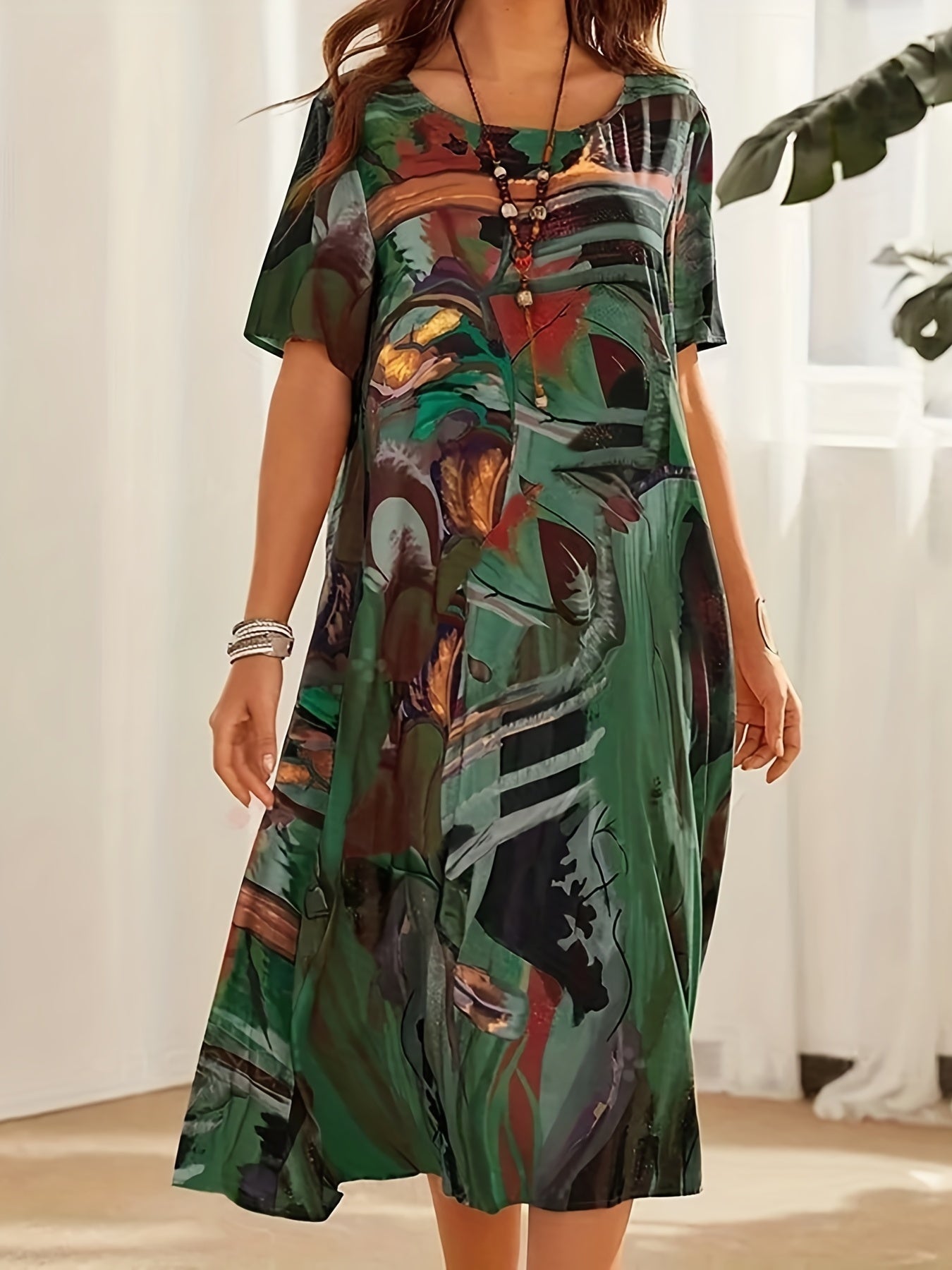  Painting Print Short Sleeve Midi Dress