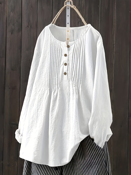  Casual Blouse Women's Solid Half Button Plicated Long Sleeve Top