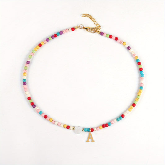 Girl's Colorful Beaded Choker Necklace with Golden Initial Letter