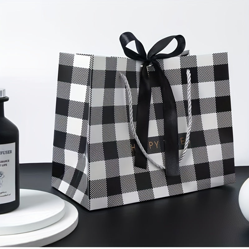Party Birthday Gift Bag Plaid Pattern 3 Sizes With Ribbon Handbag
