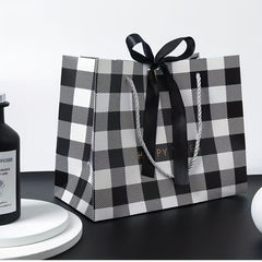 Party Birthday Gift Bag Plaid Pattern 3 Sizes With Ribbon Handbag