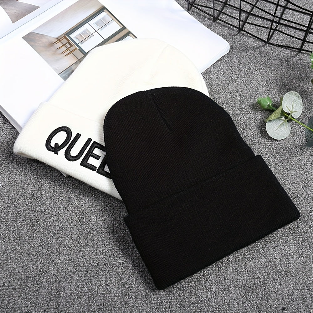 KING QUEEN Embroidery Beanie Solid Couple Knit Hat Elastic Skull Cap