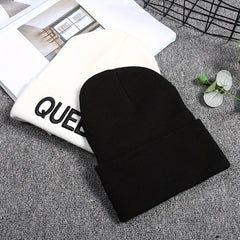 KING QUEEN Embroidery Beanie Solid Couple Knit Hat Elastic Skull Cap