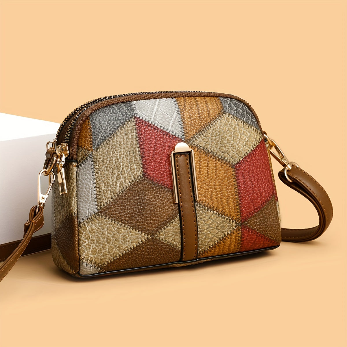 Colorblock Crossbody Bag with Rhombus Print Shoulder Purse