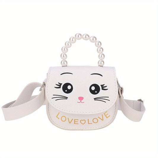 Girls Cat Shoulder Bag With Pearl Handle Strap Sweet Handbag Crossbody Bag