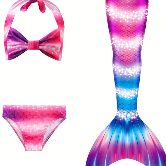 Girl's Mermaid Swimsuit 3pcs Halter Bikini Set & Mermaid Tail