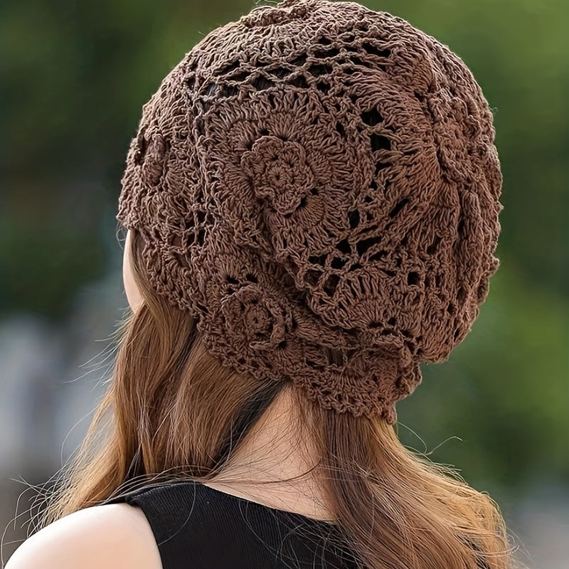Vintage Flower Crochet Beanie Hollow Out Skull Hat Soft Thin Knit Hats