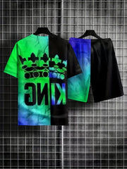 2pcs Men's Block & King Print T-shirt & Stretch Shorts for Outdoor