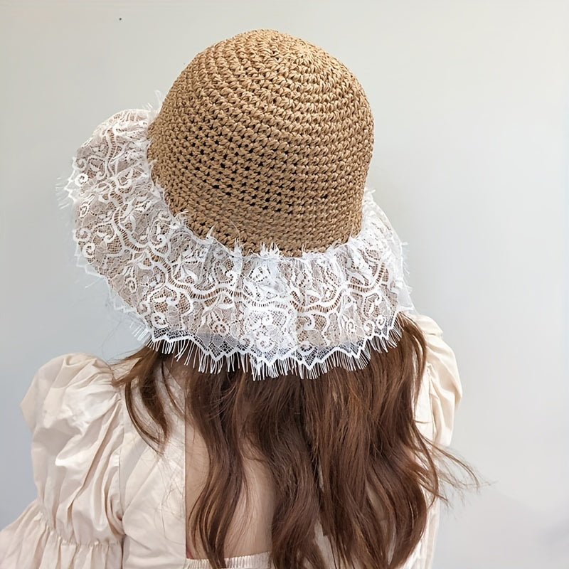 Foldable Lace Sun Hat Wide Brim Hollow Crochet Straw Hat