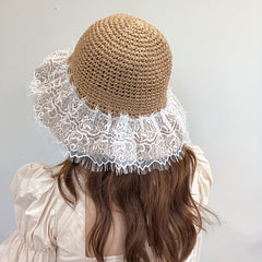 Foldable Lace Sun Hat Wide Brim Hollow Crochet Straw Hat