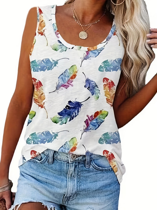 Feather Print Loose Tank Top Sleeveless Summer Women's Clothing