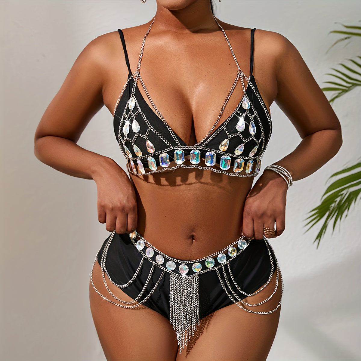 Rhinestone Chain Harness Sexy Cage Bra