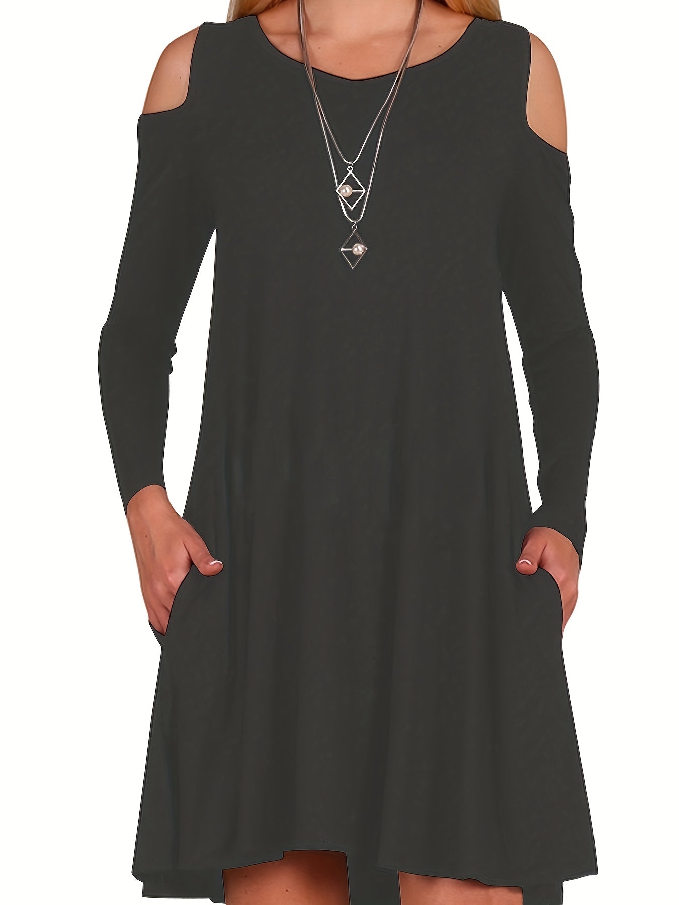  Cold Shoulder Maxi Dress V Neck Long Sleeve Pocketed