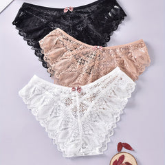3pcs Floral Lace Bow Briefs Semi Sheer Panties