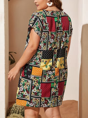 Plus Size Boho Dress Women's Plus Scarf & Floral Print Short Sleeve Dress