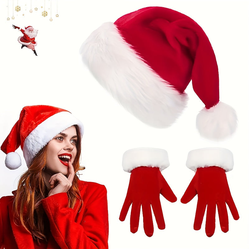 Red Velvet Santa Hat & Gloves Set Festive Christmas Accessories