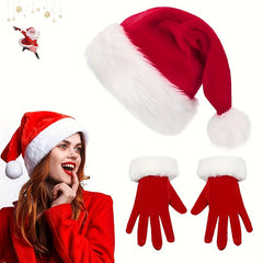 Red Velvet Santa Hat & Gloves Set Festive Christmas Accessories