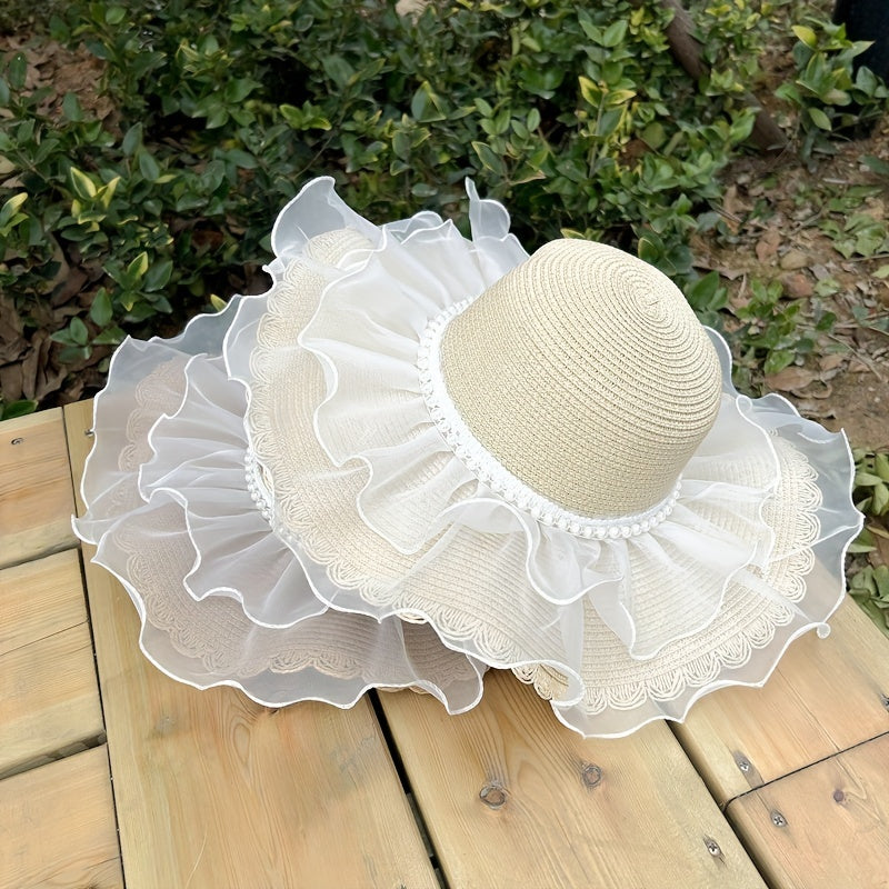 Ruffles Wide Brim Sun Hat Lace Straw Floppy Hat