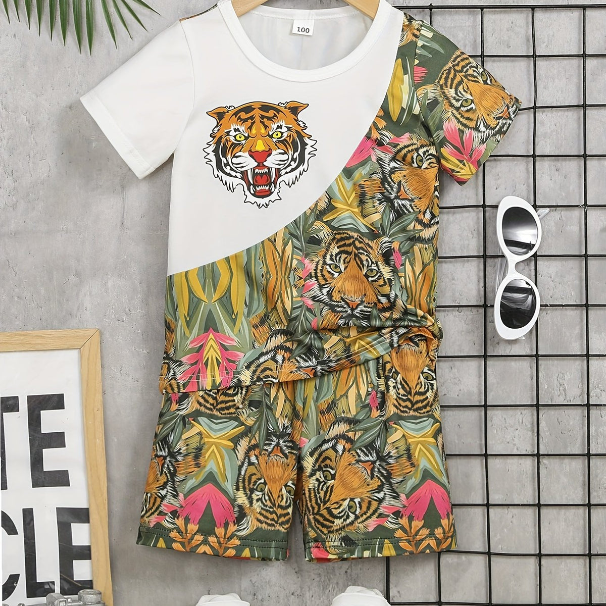 Boys Tiger Graphic T shirt & Shorts Set for Summer