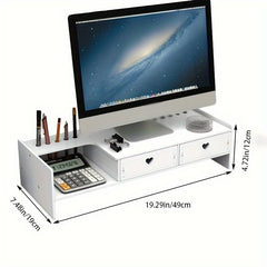 Computer Monitor Stand With Drawers Keyboard Raised Base Shelf