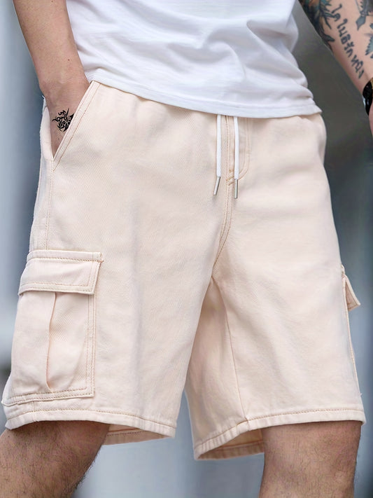 Men's Denim Cargo Shorts Drawstring Waist Casual Pocket Denim Shorts
