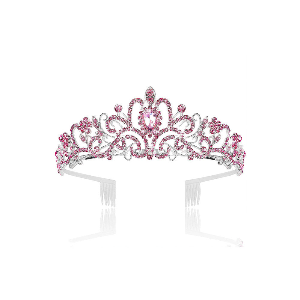 Pink Crystal Tiara Crown Women Girls With Combs