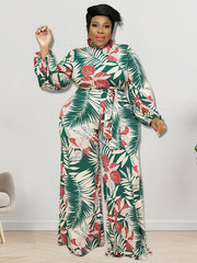 Tropical Print Lantern Sleeve Jumpsuit Plus Size
