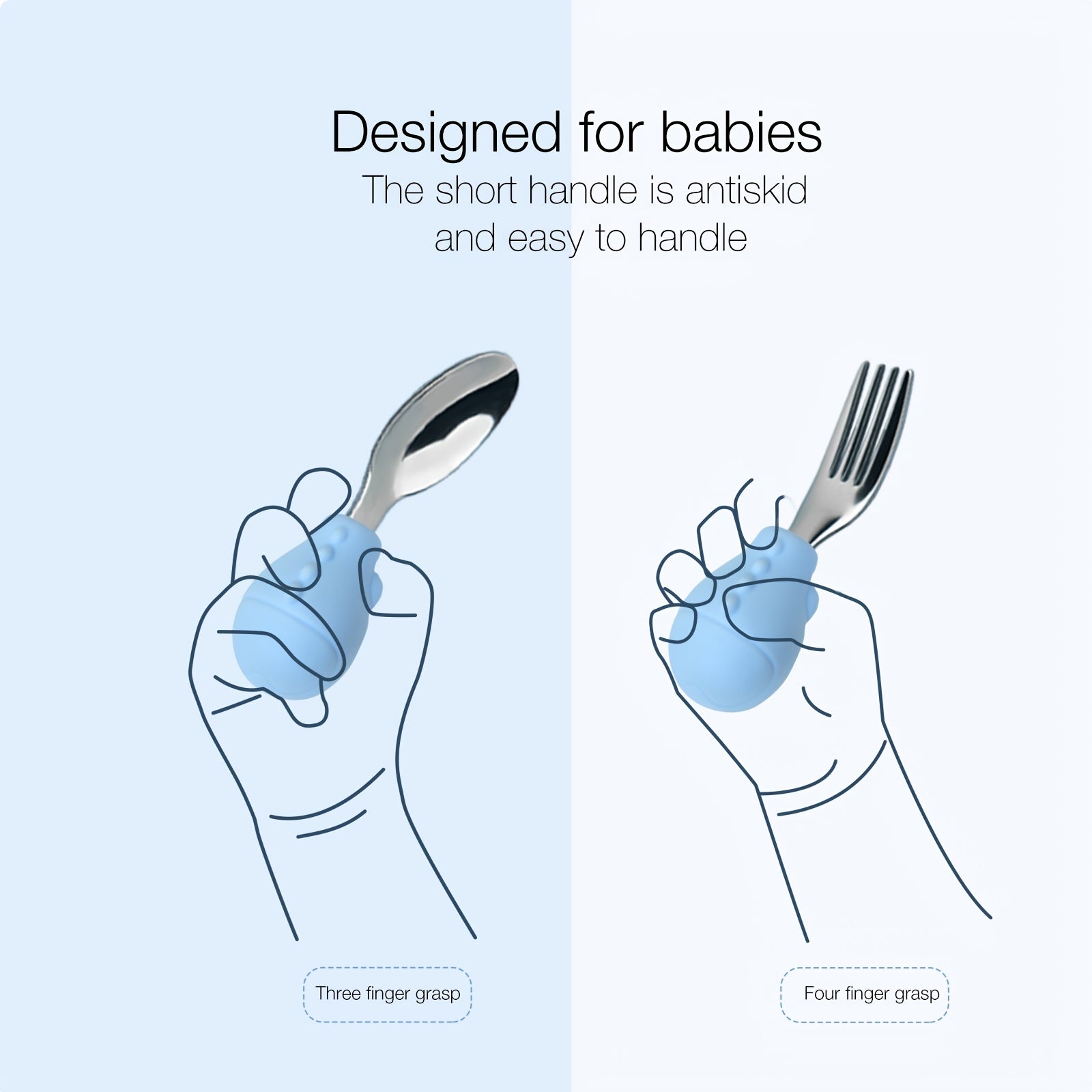 Baby Learn To Eat Training Fork Spoon Short Handle Stainless Steel Tableware