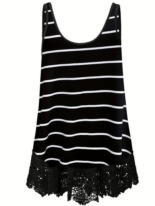  Stripe Print Lace Trim Tank Top