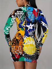  Graffiti Print Long Sleeve Casual Dress