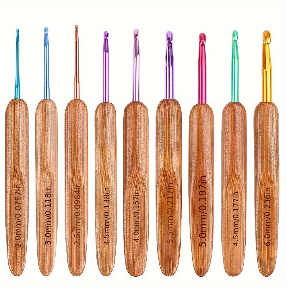9pcs Crochet Hook Set Bamboo Handle Aluminum Knitting Needle Yarn DIY Tool