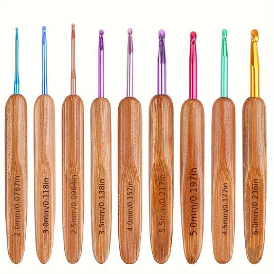 9pcs Crochet Hook Set Bamboo Handle Aluminum Knitting Needle Yarn DIY Tool